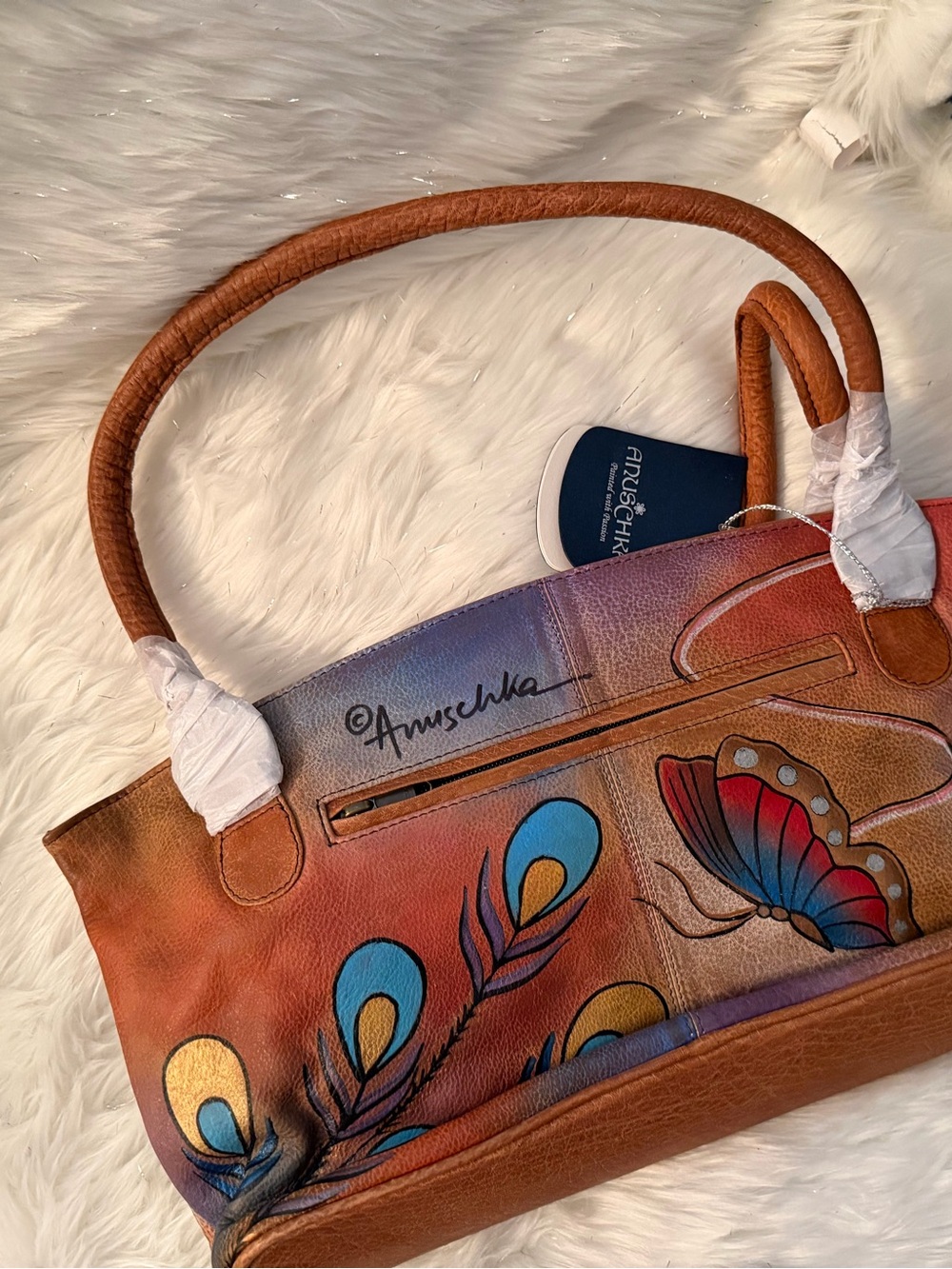 Anuschka Hand-Painted Brown Leather Shoulder Bag with Blue & Gold Accents